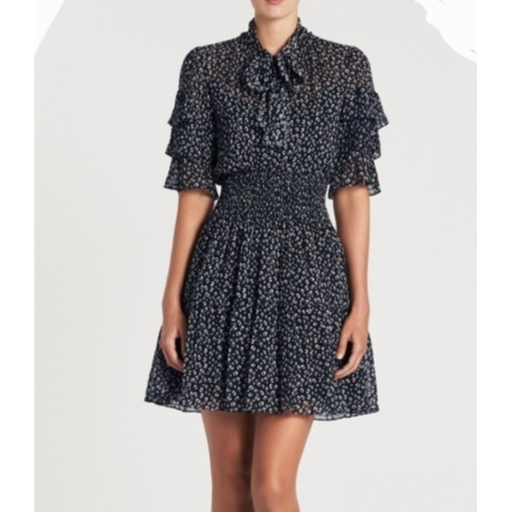 Rebecca Taylor Silk Mini Cheetah Ruffle Clip Dress Size 6‎ Black Floral Smocked
